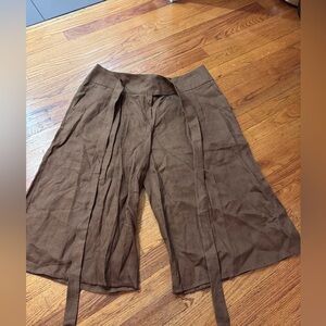 New! Mango Women's  Linen shorts Size 12 Brown Wide-Leg Tie Front Linen